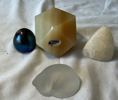 4- Paper Weights Alibaster,onix,moon Rock And A frosted Glass Cat By Halmark.