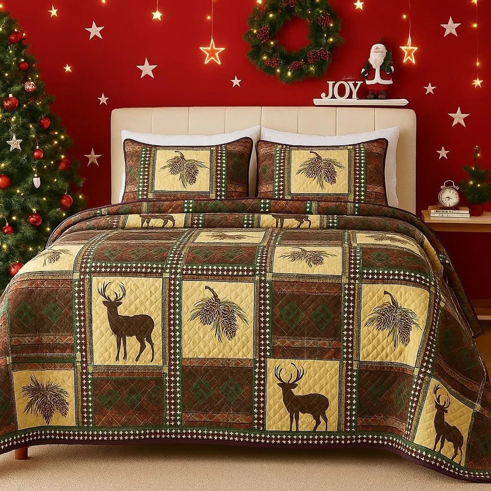3-Piece Christmas Tree Quilts Set Queen Size Bedding Set Reversible（88"X92"） - Image 2 of 4