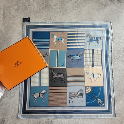 Hermès Petit Carre 42cm Authentic Equestrian/Horse Blue-Pocket Square-scarf