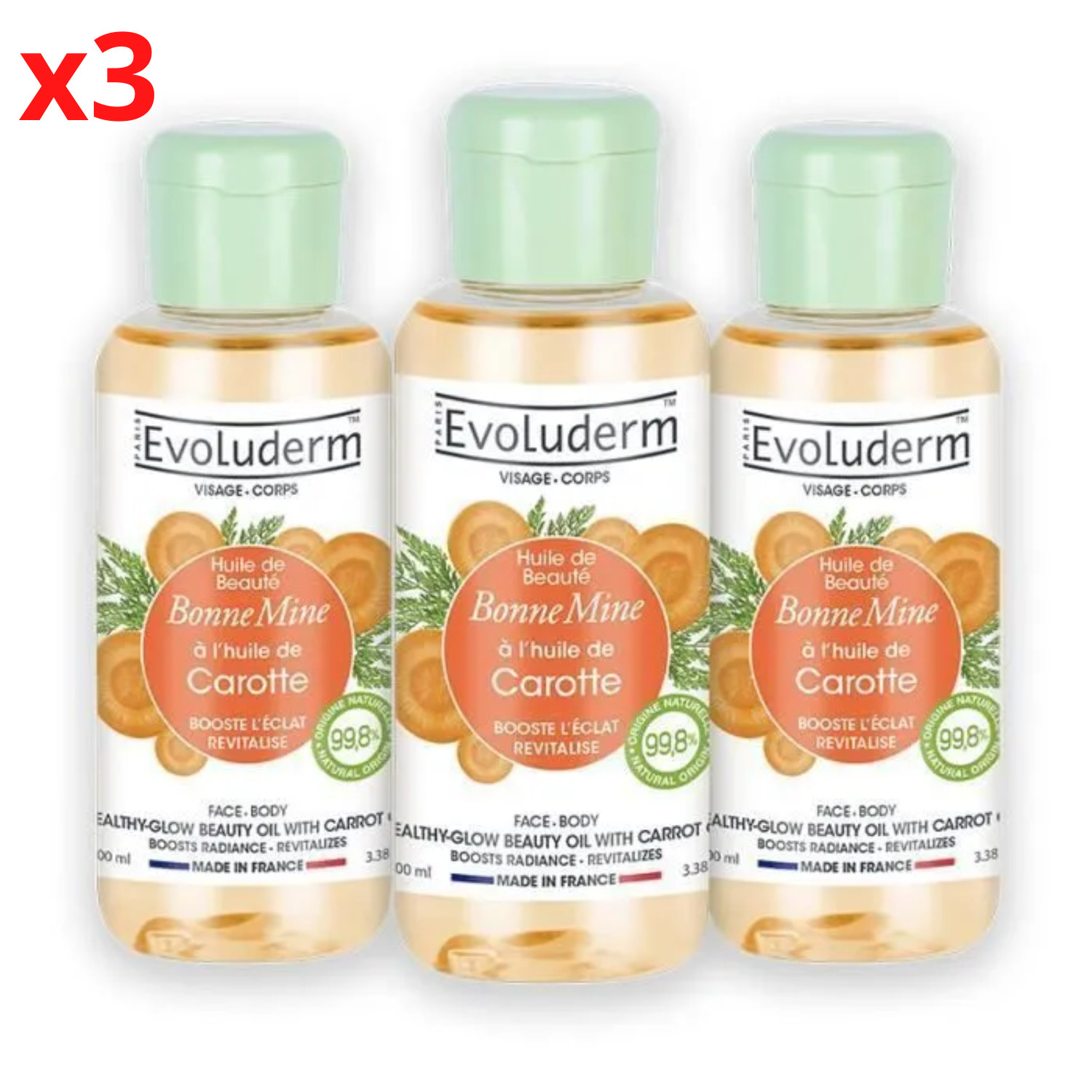 Huile Carotte Bonne Mine Evoluderm Lot 3 Flacons Bronzage et Éclat Vegan