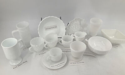 White Milk Glass Hobnail Grape Maple Leaf Floral Stem Sugar Cream Mug Embossed 