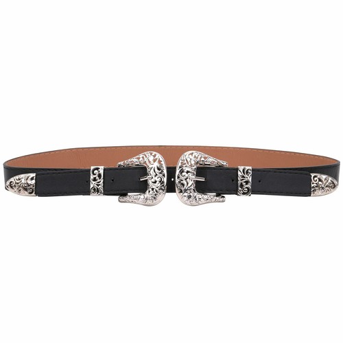 Estilo Vintage Plateado Doble Hebilla Piel Sintética Negro Cinturón Retro Cowboy - Imagen 3 de 7