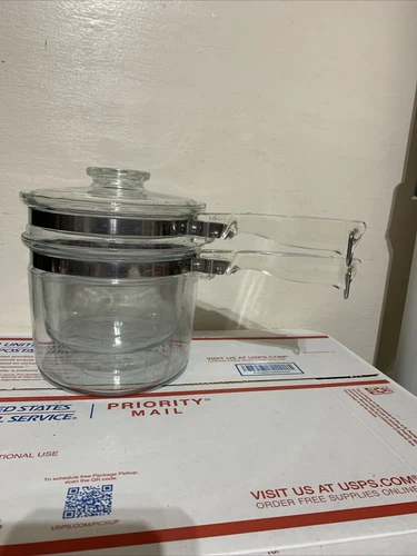 Vintage Pyrex Flameware Glass  Double Boiler Saucepan & Lid 6283 1-1/2 Qt EUC