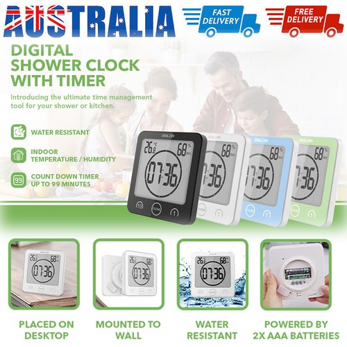 BALDR LCD Wall Waterproof Timer Bathroom Shower Clock Temperature