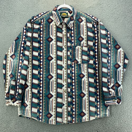 Cabelas Shirt Mens XXL Green Aztec Geometric Outdoor Pocket Southwestern