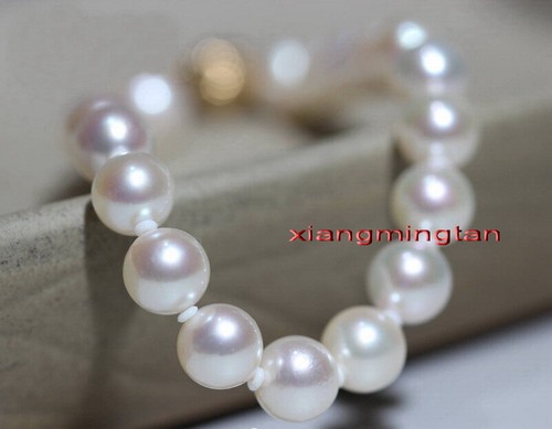 AAAAA 7.5"10-11mm Natural real round south sea WHITE pearl bracelet 14K GOLD - Picture 2 of 7