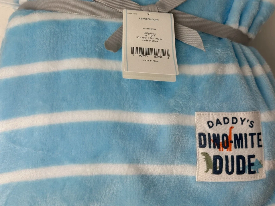 NWT Carters Blue And White Striped Daddy's Dino-mite Dude Dinosaur Baby Blanket - Image 2 of 4