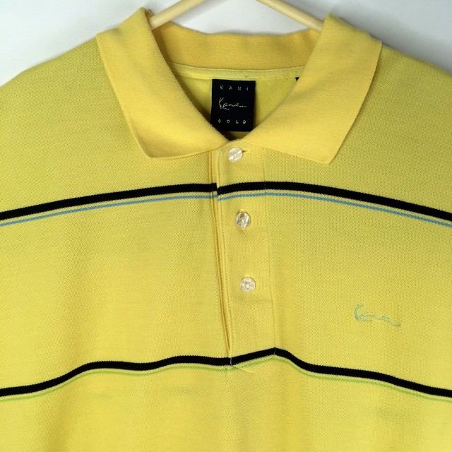 Karl Kani Gold Mens Polo Golf Shirt Short Sleeve Yellow Blue Striped