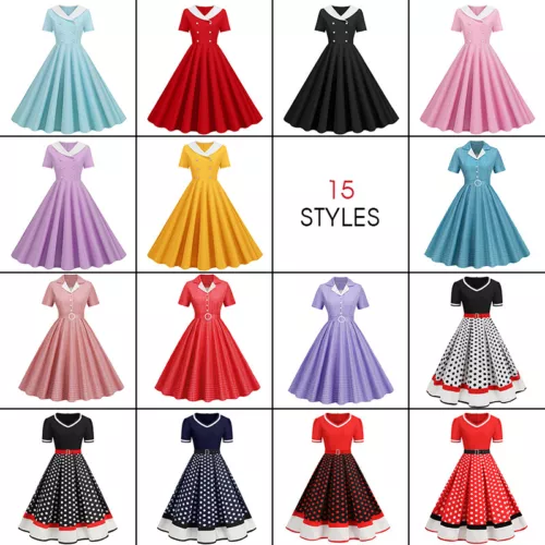 Womens 50s 60s Rockabilly Vintage Button Swing Dress Cocktail Party Midi Dress