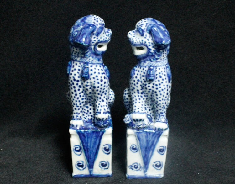 Par de estatua de león guardián perro foo fu cerámica porcelana azul blanco chino de 7" Foto 3 de 4