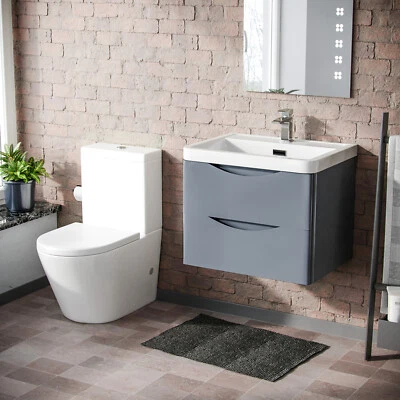 NES HOME Merton Grey Basin Wall Hung Vanity Cabinet & Rimless Close Coupled Toilet