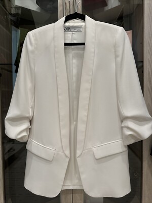Zara XS White Open Front Blazer Ruched Sleeve Jacket