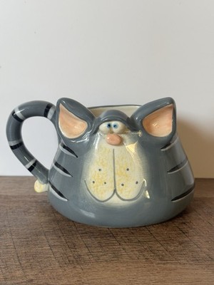 3D Grey Kitty Mug Russ Berrie Douglas Striped Tabby Cat Cup CUTE Smiling Kitten