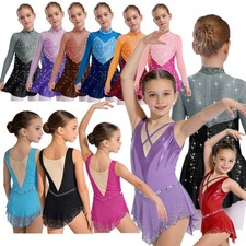 US Kids Girls Dancewear Color Block Skirt Training Dresses Performance Mock Neck
