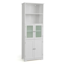 Bathroom Tall Storage Cabinet Linen Tower w/ Glass Door Adjustable Shelf White