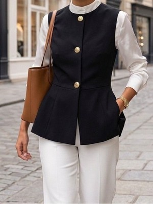 Zara Black Sleeveless Peplum Vest with Gold Buttons -NWT