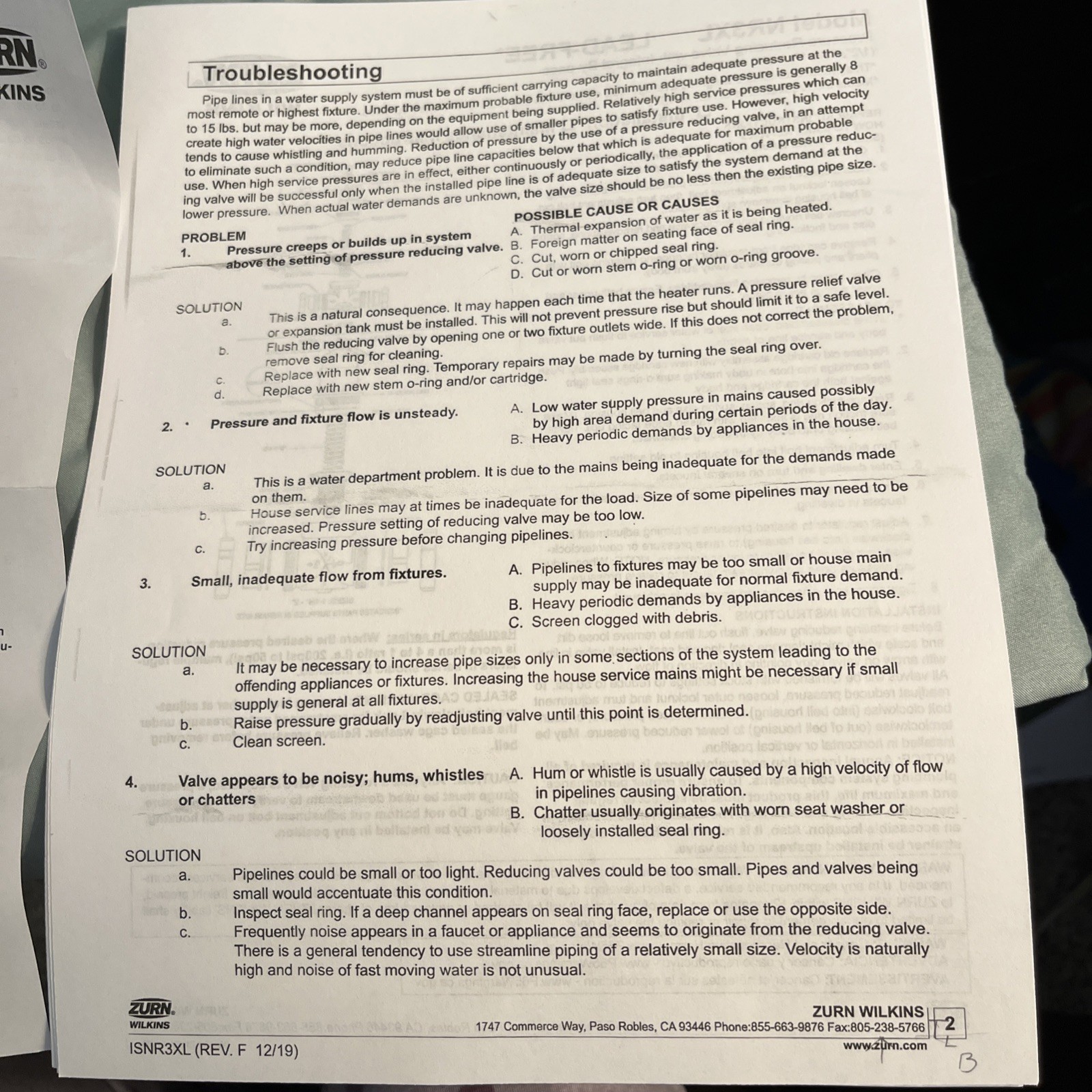 Zurn Wilkins NR3XL Water Pressure Reducing Valve 3/4”                      T 244