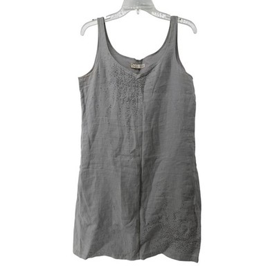 Eileen Fisher Grey Irish Linen Embellished Sleeveless Shift Dress Womens 10