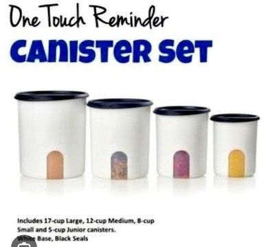 Tupperware One Touch Reminder Canister Set, 4pc White Black, 17-12-8-5 Cup