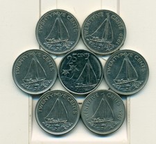 7 -25 CENT COINS w/ SHIPS from the BAHAMAS (1966/1969/1977/1979, 1985/2000/2015)