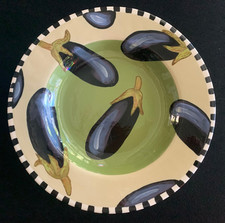 Droll Designs 12" Large Round Serving Rimmed Bowl Eggplant Vegetable Signed 2003