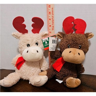 Christmas House Plush Moose Set Cream and Brown with Red Antlers 2pk