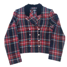 Positive Attitude Blazer Velvet Trim Plaid Cropped Double Breasted Jacket