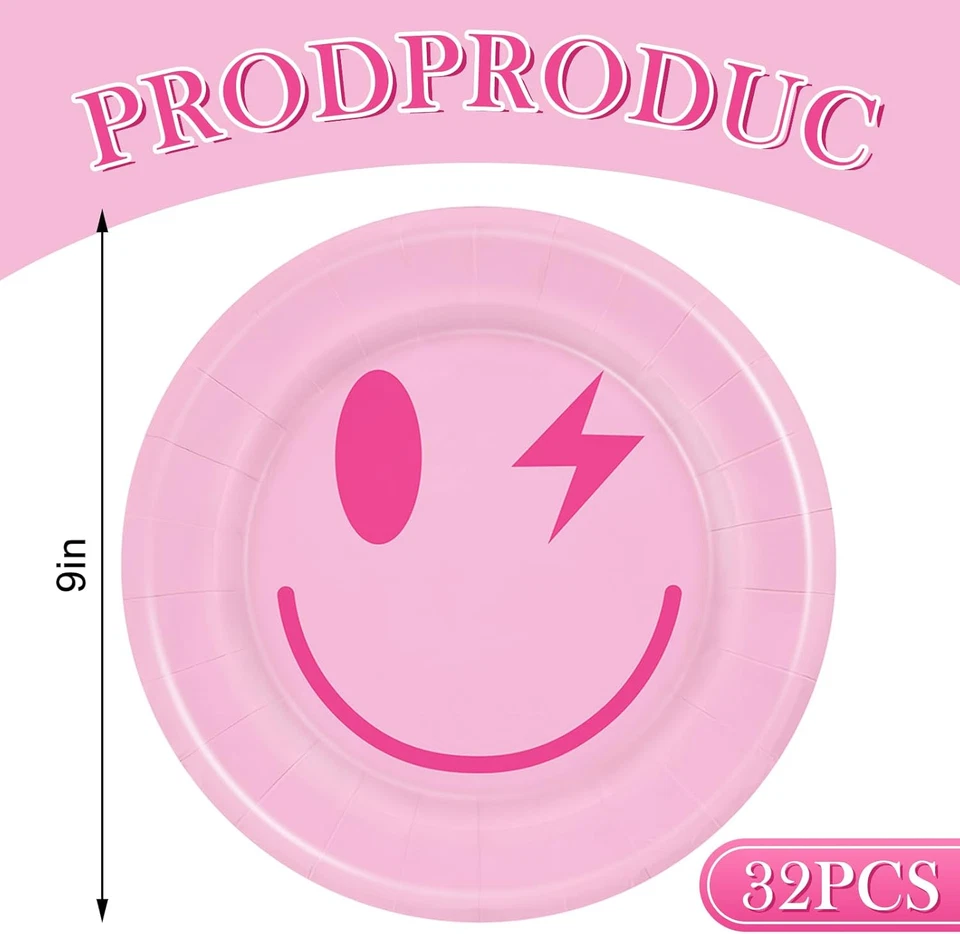 32 Piezas Platos de Papel Preppy Cara de Sonrisa Platos Desechables 9 Pulgadas Rosa Decorativos D Foto 2 de 4