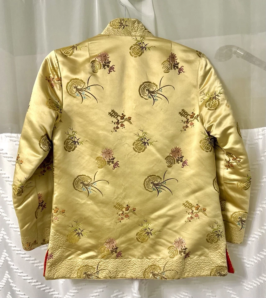 Винтажная двусторонняя китайская шелковая парчовая куртка Ai Feng с золотой цветочной красной подкладкой - Изображение 2 из 4