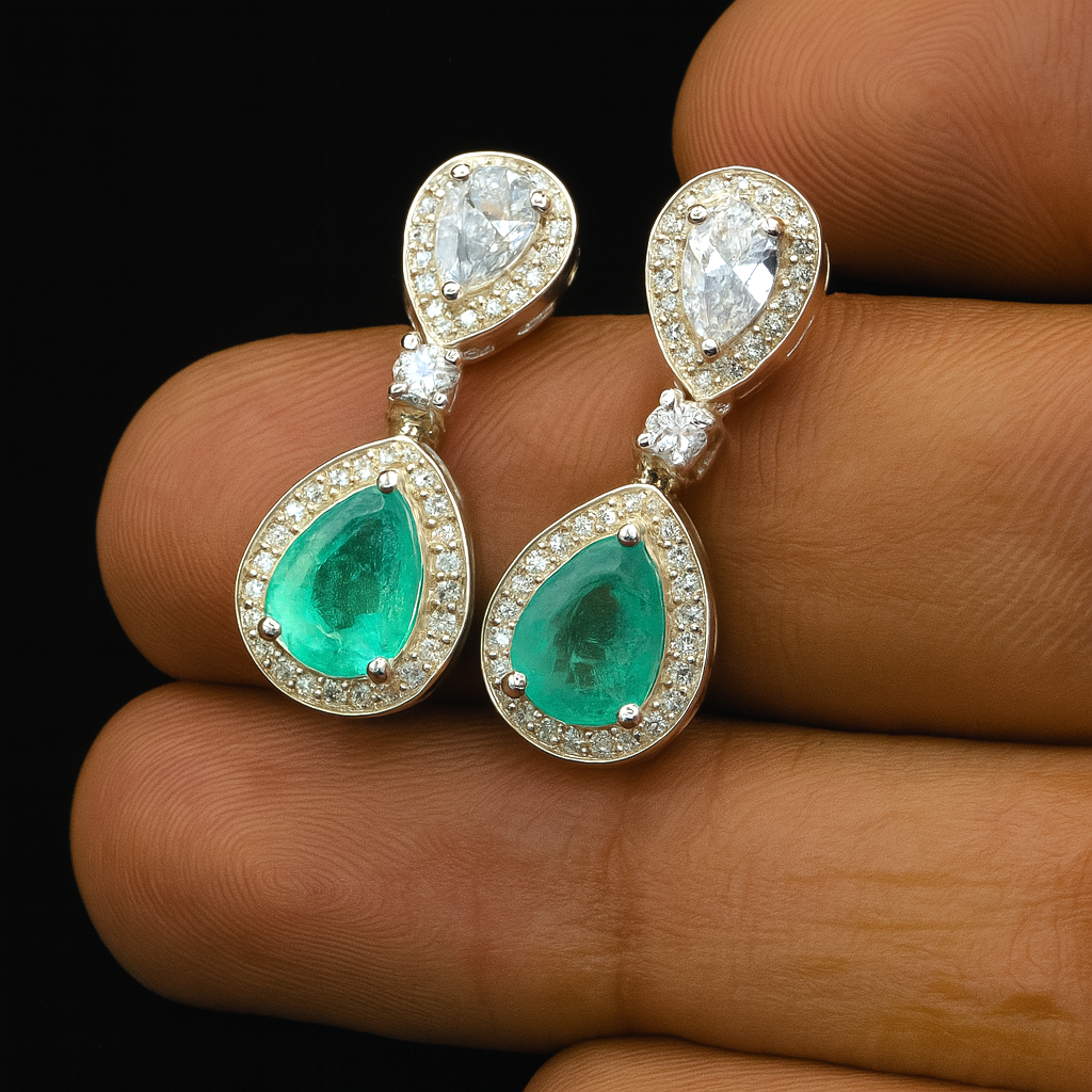 Natural Pear Cut Emerald Moissanite Drop Earrings Silver Dangle Jewelry Gift