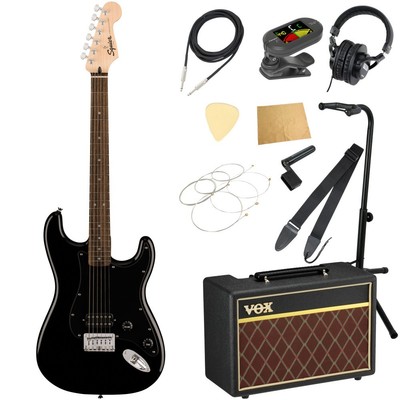Squier by Fender Sonic Stratocaster HT H LRL BLK with VOX Amp, 11-Piece Beginner