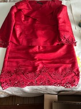 2 piece red silk suit with applique work on sleeves and skirt