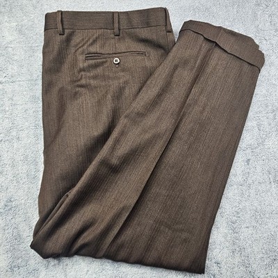 Zanella Bennett Pants Mens 42x30 Herringbone 100% Wool Pleated Cuffed Italy Made