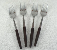 INR2 Dinner Fork Lot of 4 Interpur  Stainless Japan Brown Handle Mid Century