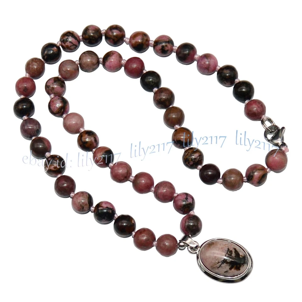 Ожерелье с овальной подвеской из натурального родохрозита круглые бусины 14–32 дюйма 6/8/10 мм - Изображение 3 из 4