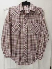 Vtg 70s Wrangler Pearl Snap Western Shirt Long Tails 15 33 Plaid USA Rodeo