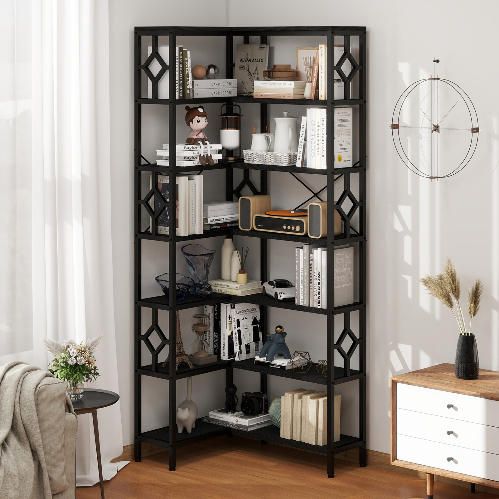 7-Tier Corner Bookshelf Industrial Bookcase Storage Display Rack for Home Office