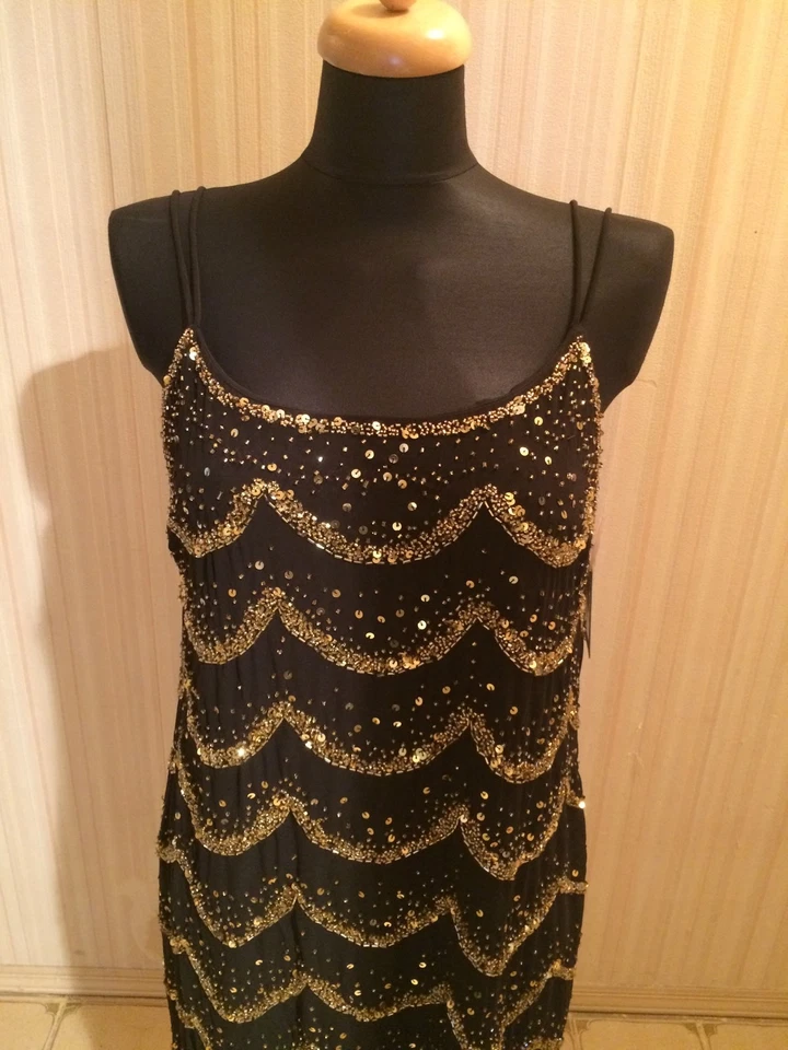 Marina Strappy Black Georgette Cocktail Dress Gold Beading NWT - multiple sizes - Image 3 of 4