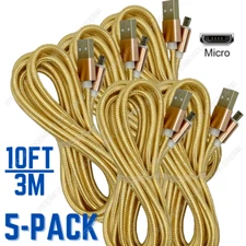 5 Pack 10Ft Braided Micro USB Cable Fast Charge Android Charger For Samsung Lot