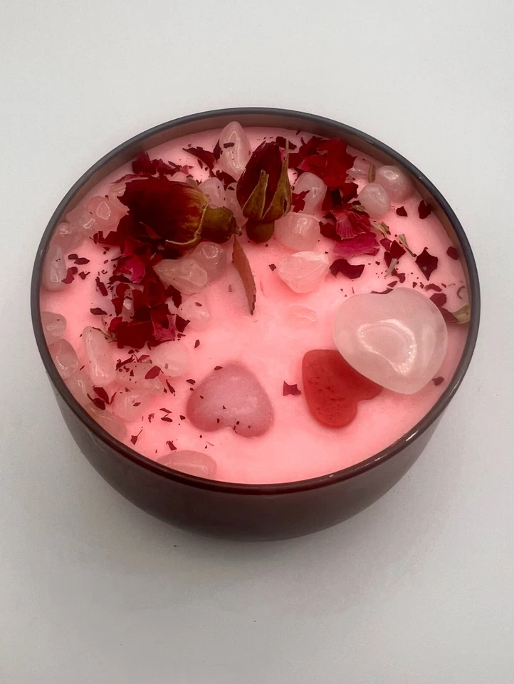 Vela de intención de hechizo de amor de cristal de cuarzo rosa rosa con hechizo de amor impreso Foto 3 de 4