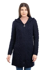 SAOL Irish 100% Merino Wool Cardigan Women's Aran Long Cable Knit Coatigan