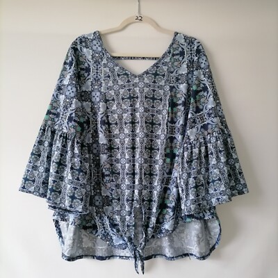 NWT Zac & Rachel Womens Jade Blue Bell Sleeve Knot Hem Floral Top Size 2X