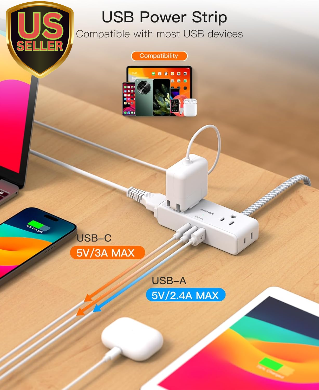 Flat Extension Cord 6 Feet, Flat Plug Power Strip, 4 Widely Outlets with 3 US...-image