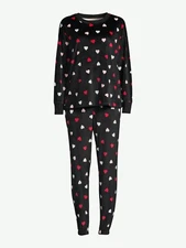 New Joyspun Women's Velour Black Hearts 3Pc Pajama Sleep Set Eye Mask S,M,L