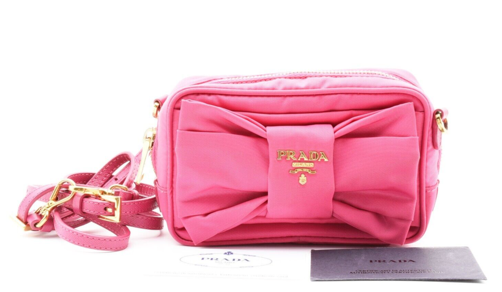 Prada Rank A Nylon Crossbody Shoulder Bag Pink Gold Ribbon Pouch Auth