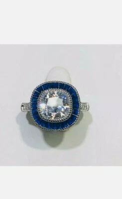 Simulé Platine Argent Sterling Bleu et Blanc Saphir Pierre Coussin Halo Bague - Photo 1/4