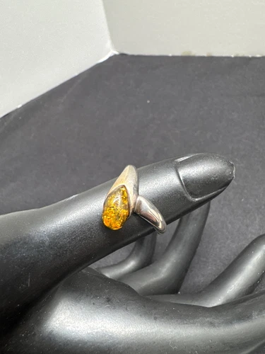 Sterling Silver 925 Ring With Amber Teardrop Gemstone Size 7 Elegant Minimalist