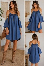 Umgee Blue Chambray Boho Mini Dress Crochet Cold Shoulder Size M