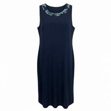 R M Richards Shift Midi Dress Size 16W Navy Blue Liquid Jersey Knit Drapey