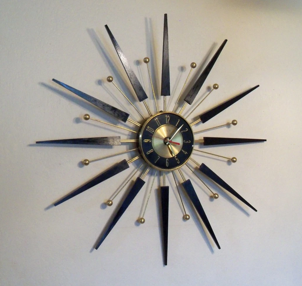 Mid Century Modern Sunburst Clock Indiana Collectible Wall Clocks